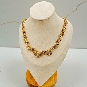 Vintage Gold Tone Open Lattice Collar Design Necklace with Rhinestones